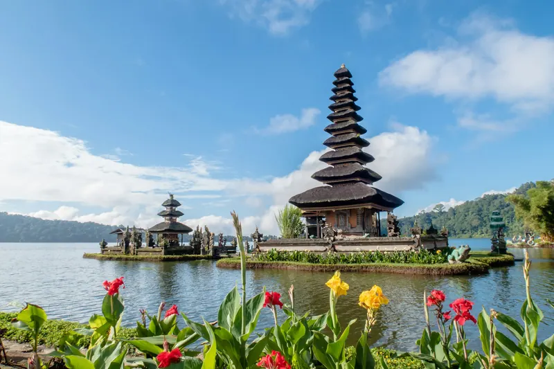 Ulun Danu Bratan temple reflected on a calm highland lake
